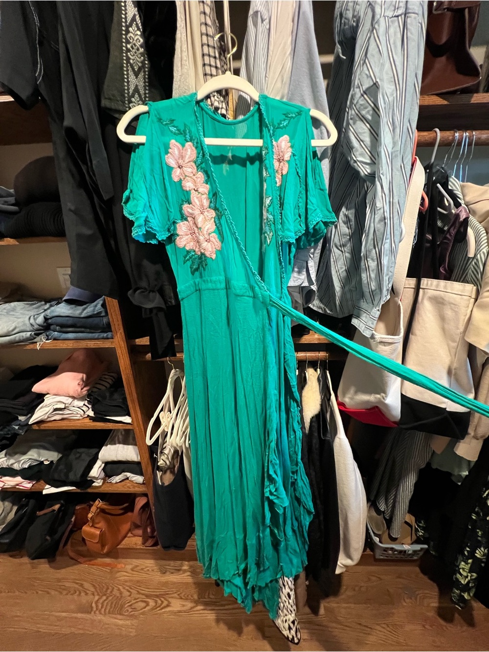 Cleobella Emerald Teal Floral-Embroidered Maxi Wrap Dress